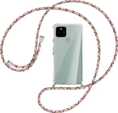 Produktbild von Handykette Backcover-Schutzhülle mit Band (Metall silberfarben) für Google Pixel 5 - rosa Karo