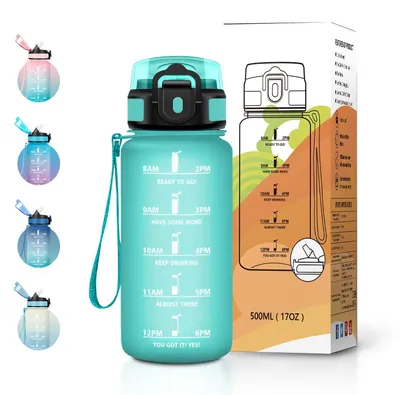 Produktbild von JAPORIA Sportflasche 500ml mit Strohhalm & Zeitmarkierung, Trinkflasche Auslaufsicher, BPA-frei, Kohlensäure Geeignet, ideal für Gym, Yoga, Camping, F