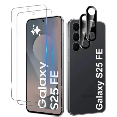 A product shot showing screen protectors and camera lens protectors for a Samsung Galaxy S25 FE.