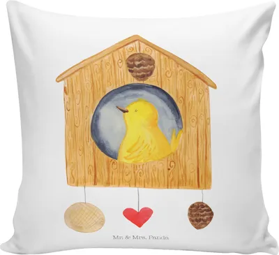 Produktbild von Mr. & Mrs. Panda kissen bedruckt Vogelhaus Home - Weiß - Geschenk, Umzug, zierkissen 40x40, Polster, Lustige Sprüche, Vogel, Kuschelkissen, Haus, Deko, Sweet, Couchkissen