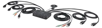 Zdjęcie produktu dla Przełącznik KVM HDMI z dwoma portami do monitorów, obsługujący rozdzielczość 4K przy 60 Hz, zasilaniem przez USB i kablami o długości 1,5 metra