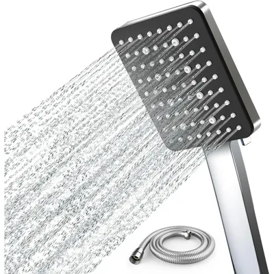 Produktbild von Duschkopf mit Schlauch, Regendusche, 6 Strahlarten, Matteschwarz, Eckig
