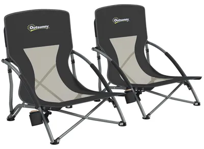 Image de Lot de 2 chaises de plage pliantes, 58 x 55 x 62 cm, noir, avec sac de transport et porte-boissons, tissu Oxford 600D, dossier respirant