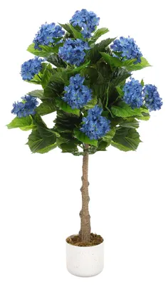 Image de Arbre de hortensias artificiel GarveeHome, 95 cm, avec 9 fleurs bleues dans un pot noir