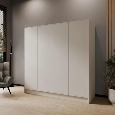 A modern wardrobe in a room with a chair and a window.