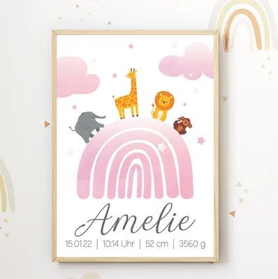 Produktbild von Regenbogen Safari Tiere Geburtsposter personalisiert | Babyposter Kinderposter Kinderzimmer Geschenk zur Geburt – A3 (29.7x42cm) / Rosa