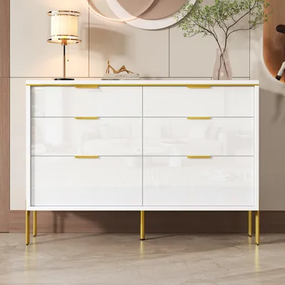 Image de Merax Buffet moderne avec 6 tiroirs en blanc et or, commode avec façades brillantes, meuble de rangement pour le salon et l'entrée, blanc