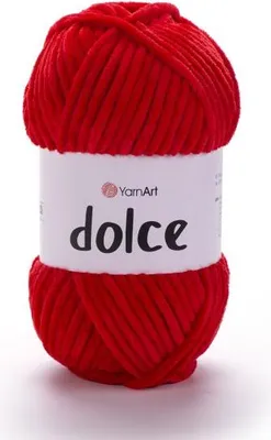A ball of red yarn with a white label.
