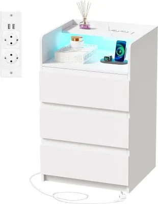 Obrázek produktu pro Noční stolek se zásuvkou, noční stolek s LED osvětlením | 3 zásuvky a 1 přihrádka, moderní noční stolek, konferenční stolek do ložnice, obývacího pokoje (1, bílá) BNS004W