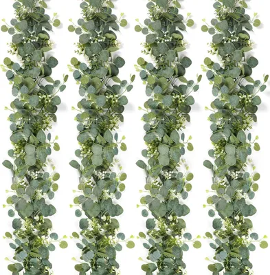 Produktbild von Künstliche Eukalyptusgirlande, 4 Stück, grüne Blätter und weiße Blumen, für Hochzeitsdekoration