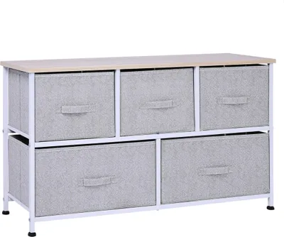 Image de Commode - Salon Commode à tiroirs - 5 tiroirs en tissu - Structure métallique - À monter soi-même - Gris