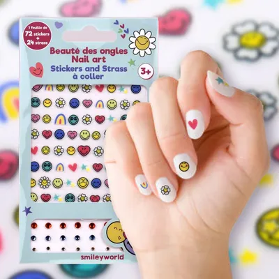Produktbild von Smiley Nagelsticker Set – 72 Sticker + 24 Steinchen – Offiziell Lizenziert