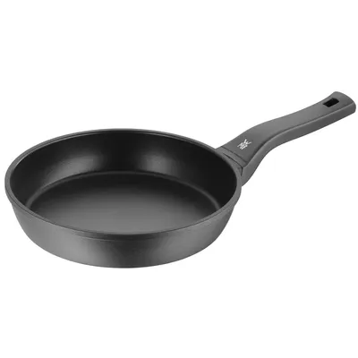 A black frying pan on a white background.