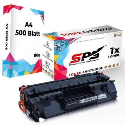 A toner cartridge and a box of printer paper are shown together, with the toner cartridge in the foreground.