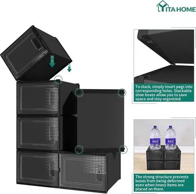 Immagine prodotto di Contenitore per scarpe, 12 pezzi, impilabile, 35,8 x 27,7 x 20,8 cm, XL, contenitore per scarpe in plastica nera