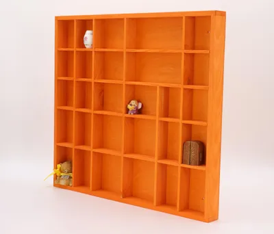 Image de Woodweaver | Étagère murale en bois 28 compartiments | 45x40x3,5cm | Pour figurines, mini-voitures, minéraux, pierres | Boîte de rangement | Orange