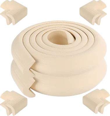 Obrázok produktu pre [2-pack] 2 metre dlhý chránič okrajov stola v tvare L Baby Proector + 8 rohov (krémová) Mäkký netoxický