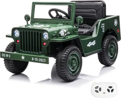 Produktbild von Willys Elektro-Armeeauto für Kinder 12V (1–6 Jahre) – Militär Jeep Retro Design, mit 2.4G Fernbedienung, EVA-Reifen & Ledersitz – Kinder Elektroauto Offroad – Grün