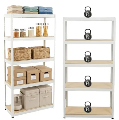 Produktbild von MODO24 Schwerlastregal Helios 180x100x40 cm, Steckregal 5 MDF Böden, 875 kg Traglast (175 kg/Fach), Metallregal Kellerregal schraublos, Weiß