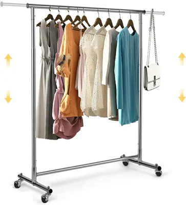Imagen del producto de Perchero con ruedas, barra para colgar ropa, barra de perchero, perchero móvil con ruedas, con altura ajustable y extensible, y espacio para colgar ropa