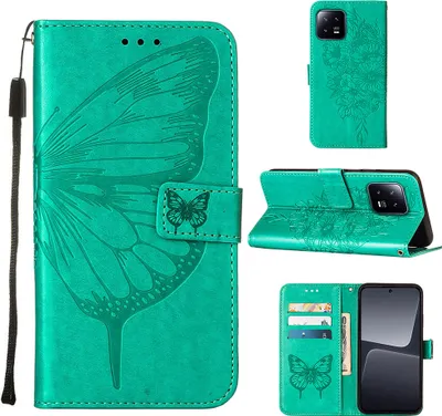 Produktbild von Lederhülle für Xiaomi 13 Schmetterling Prägung Flip Ledertasche Kartenfächer Handyhülle mit Ständer Grün