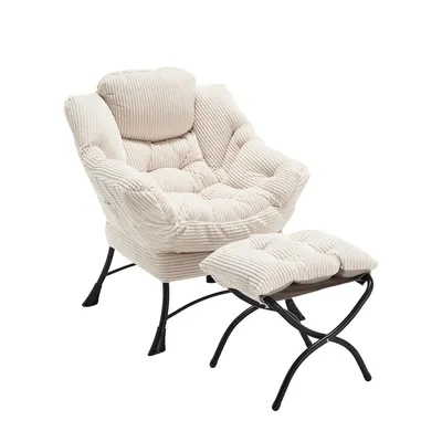 Produktbild von Freizeitsessel mit Armlehnen Seitentasche und Fußstütze Wohnzimmerstuhl Freizeitstuhl Lounge-Sessel Weiß