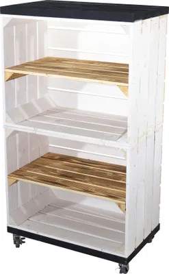 Produktbild von Regal aus zwei weißen Kisten mit geflammten Mittelbrett -längs- und schwarzen Bohlenbrett, auf Rollen 91x50x30cm Obstkisten Weinkisten