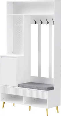 Produktbild von okwish  Kleiderschrank mit Schuhbank,Garderoben-set mit 4 Kleiderhaken,Wandgarderobe mit 2 Schubladen und 1 Türen, Weiß