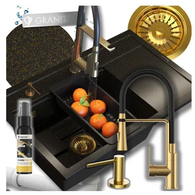 Produktbild von Granitan | Spülbecken Granit - Schwarz - 80x50x22 cm - Spülbecken RENDO + Siphon Gold + Küchenarmatur VEGAS Gold + Warenkorb + Impregnat + Spender