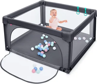 Produktbild von Laufstall Baby mit Tür & 50 Spielbällen, 120 x 120 cm, Laufgitter mit Atmungsaktivem Netz, Saugnäpfen & Reißverschluss, Schutzgitter für Kinder ab 10 Monaten (Dunkelgrau)
