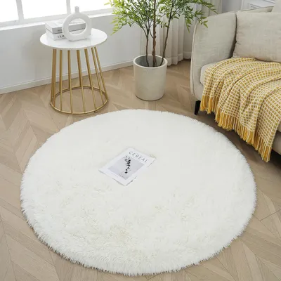 Image de Tapis rond, blanc, 120 cm de diamètre, à poils longs, pour chambre d'enfant