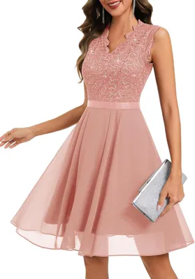 Produktbild von Cocktailkleid für Damen mit Spitzenoberteil, Chiffonrock und elastischem Bund in der Farbe Rosé mit Glitzer