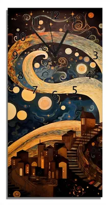Produktbild von Wallario Design Wanduhr bedruckt, Größe 30 x 60 cm, Motiv: Sternennacht über der Stadt