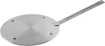A silver induction adapter plate with a handle, shown on a white background.