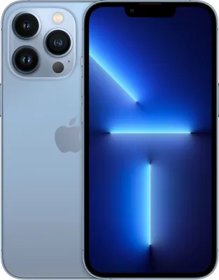 A light blue iPhone 13 Pro is shown from the back and front.