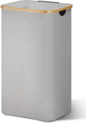 Immagine prodotto di Cesto per la biancheria Famanu da 85 litri con coperchio, pieghevole, in legno di bambù, stretto, colore grigio