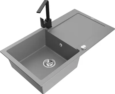 Produktbild von Mexen Leo 1 Becken-Granitspüle mit Abtropffläche und Mischbatterie Rita, Grau - 6501-71-670300-70