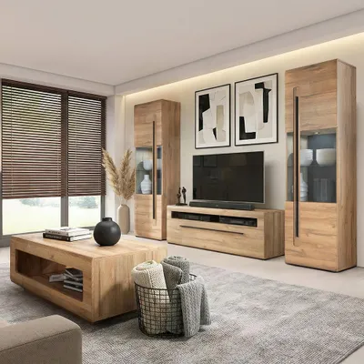 Produktbild von Wohnzimmer Set 4-teilig in Eiche mit Wohnwand & Couchtisch, inkl. Beleuchtung - TURDA-83
