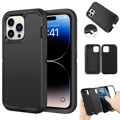 A collage of images showing a black phone case, its components, and how it is used.