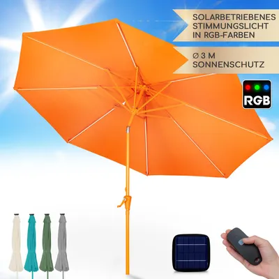 Produktbild von Blumfeldt Sonnenschirm für Balkon & Garten, Sonnenschirm mit LED-Beleuchtung, Wasserfest & UV-Schutz, Verstellbarer Sonnenschirme Rund & Knickbar, Sonnenschutz mit Solarpanel, Runder Gartenschirm