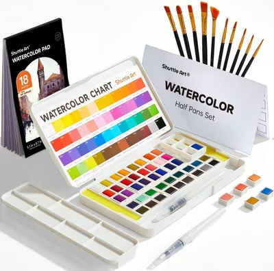 Produktbild von Aquarellfarben Set 48 Wasserfarben Pinsel Aquarellblock Palette Geeignet Kinder Erwachsene Einsteiger