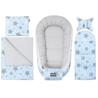 Produktbild von Bellochi 5 tlg. Baby Kuschelnest-Set - aus 100% Baumwolle - - inkl Babynestchen 90x60 cm, Kuscheldecke, Kopfkissen, flaches Kissen mit Bezüge - Rigel Star
