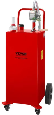 Productafbeelding van VEVOR brandstoftank van 30 gallon, gasopslagtank en 4 wielen, met handmatige overpomppomp. Benzine- en dieselbrandstoftank voor auto's, grasmaaiers, terreinwagens, boten, enz., rood