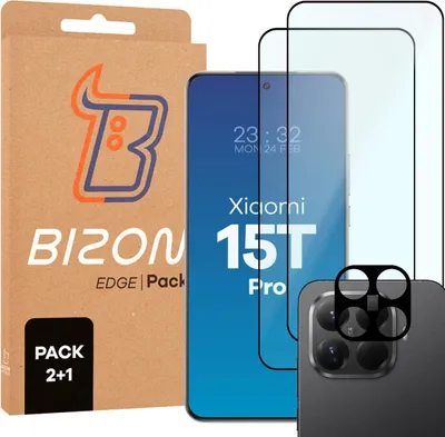 Produktbild von 2x Gehärtetes Glas + Kameraschutz für Xiaomi 15T Pro, Bizon Glass Edge Pack, Schwarz