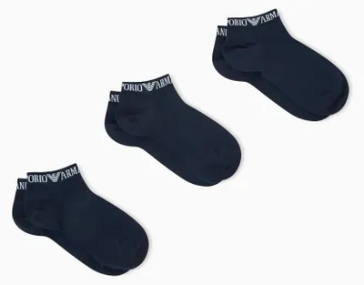 Immagine prodotto di Fantasmini uomo EMPORIO ARMANI 3 paia calze cortissime cotone con logo articolo EM000550 AF20083, L/X -BRA -MEX G/EG-EU 43/46-UK 9/12-USA 10,5/13,5, Cotone 76%,Poliammide 21%,Spandex 3%