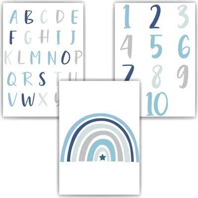 Produktbild von Alphabet & Zahlen Kinderposter 3er Set ABC Lernposter | Kinderzimmer Wandbilder Kindergarten Grundschule Kinder Lernhilfe Poster – DIN A4 (21x29.7cm)