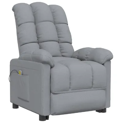 A light gray fabric massage chair is shown from a slightly angled front view.