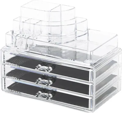 Image de Compactor Grand organisateur de cosmétiques - 3 tiroirs, compartiment de rangement supérieur, plastique transparent