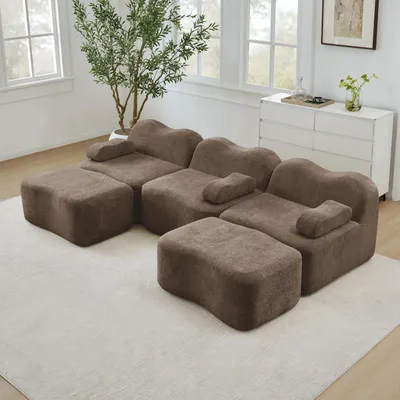 Image de Canapé modulable trois places en forme de U, design ondulé, en velours, avec 2 poufs, 288 x 167 x 70 cm, marron