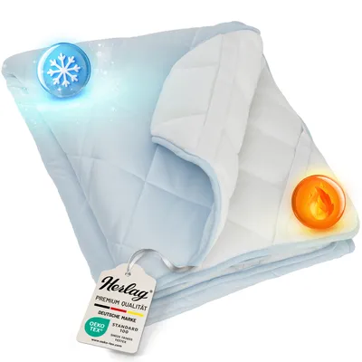 A folded mattress topper with two icons representing cooling and warming.